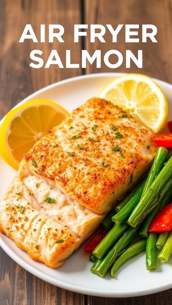 Quick Air Fryer Frozen Salmon Recipe Air fryer salmon fillet garnished with herbs and lemon on a white plate with vegetables.